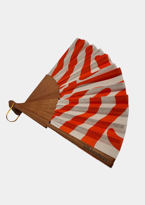 Abanico Ocean — Abanico de madera con estampado de olas rojo y crema